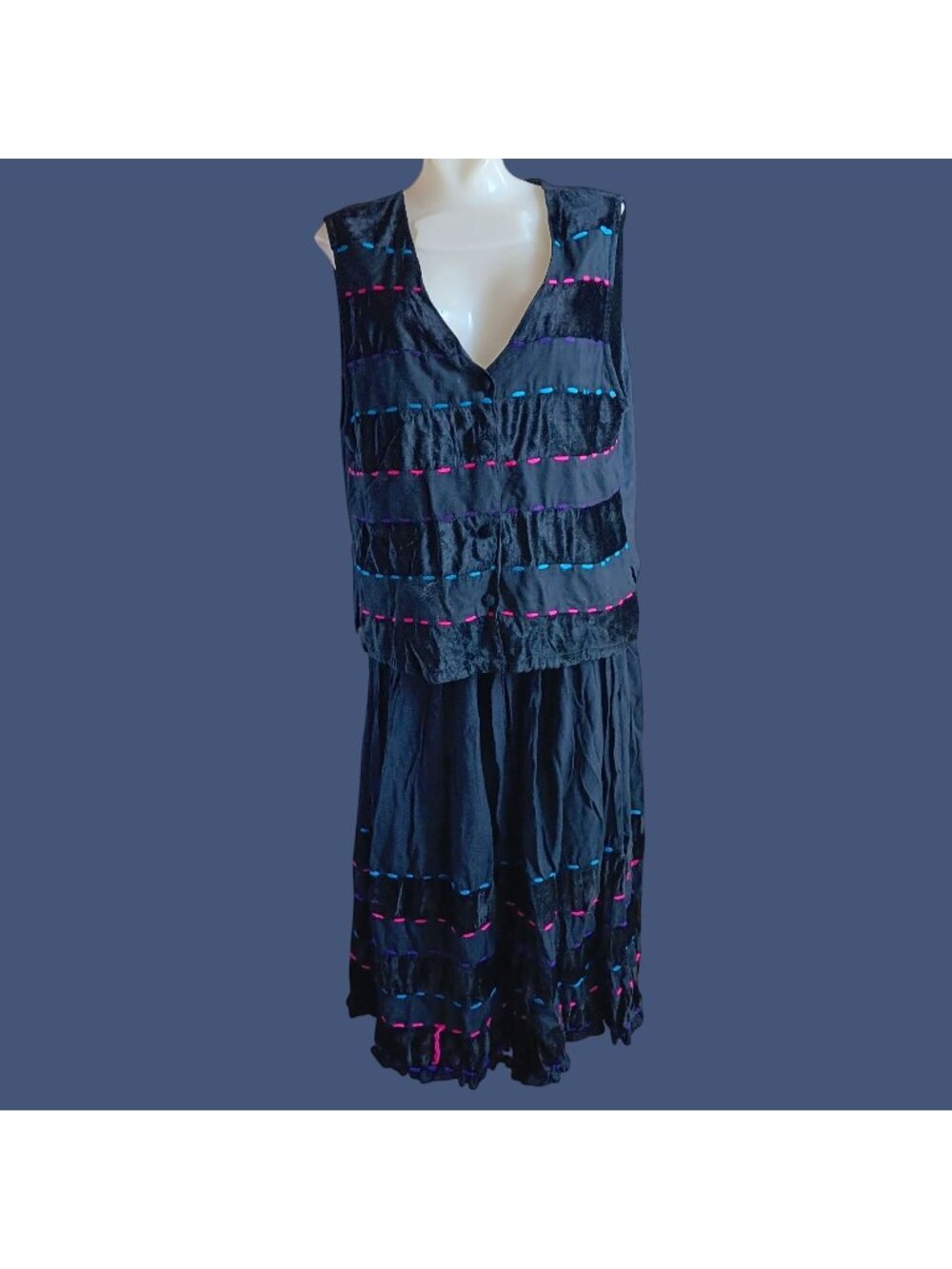Vintage Large Petite 1990's Vest Skirt Set Dress Willow Ridge Bohemian Rayon